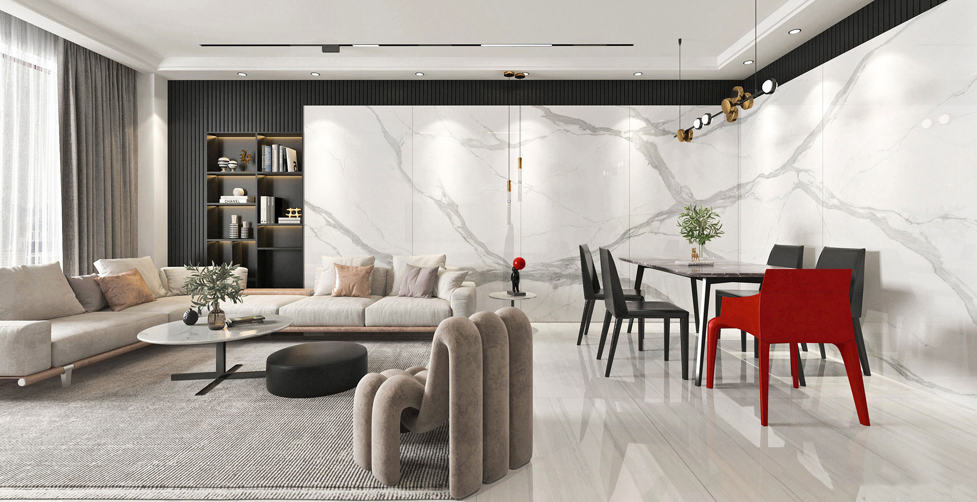 通體大理石瓷磚細膩，質感柔和